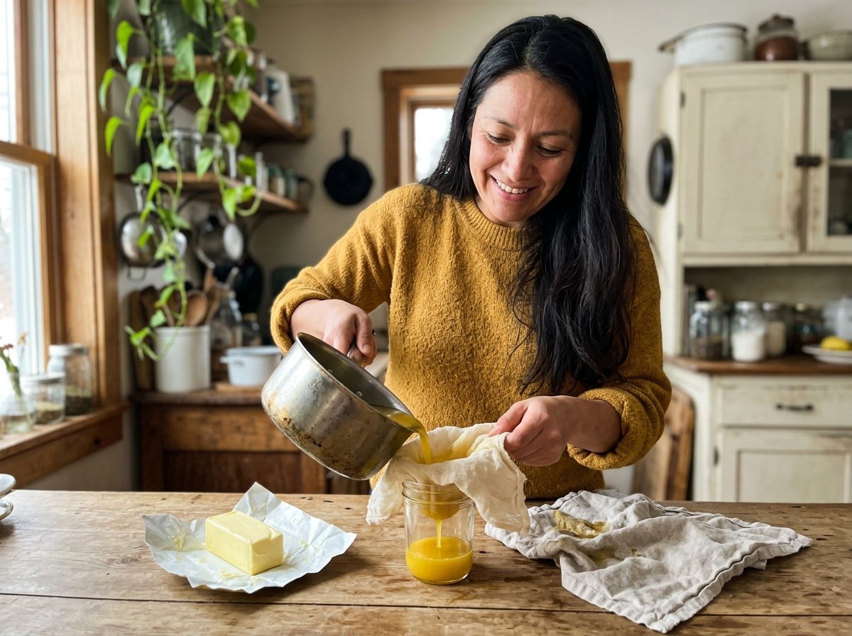 Mujer preparando ghee casero