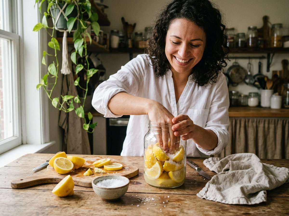 Mujer preparando limones fermentados