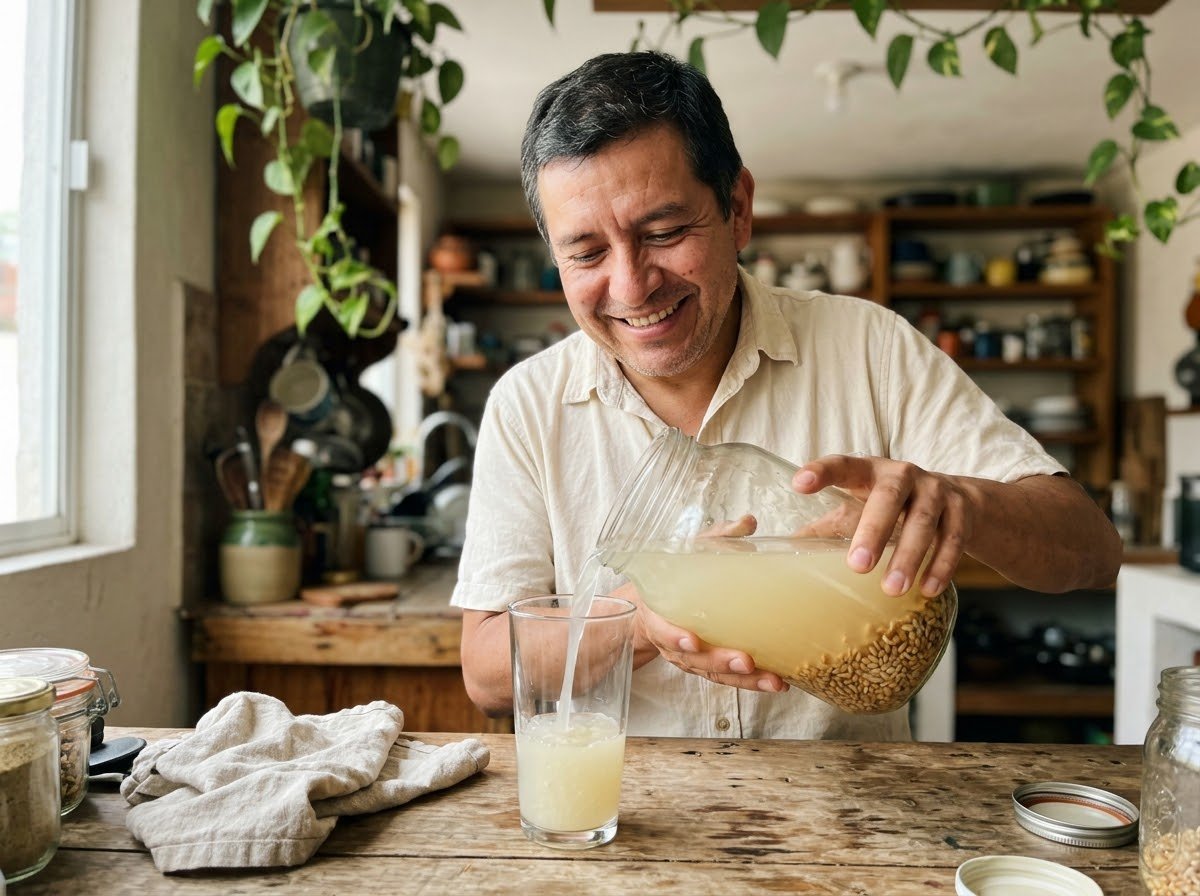 Hombre sirviendo rejuvelac casero