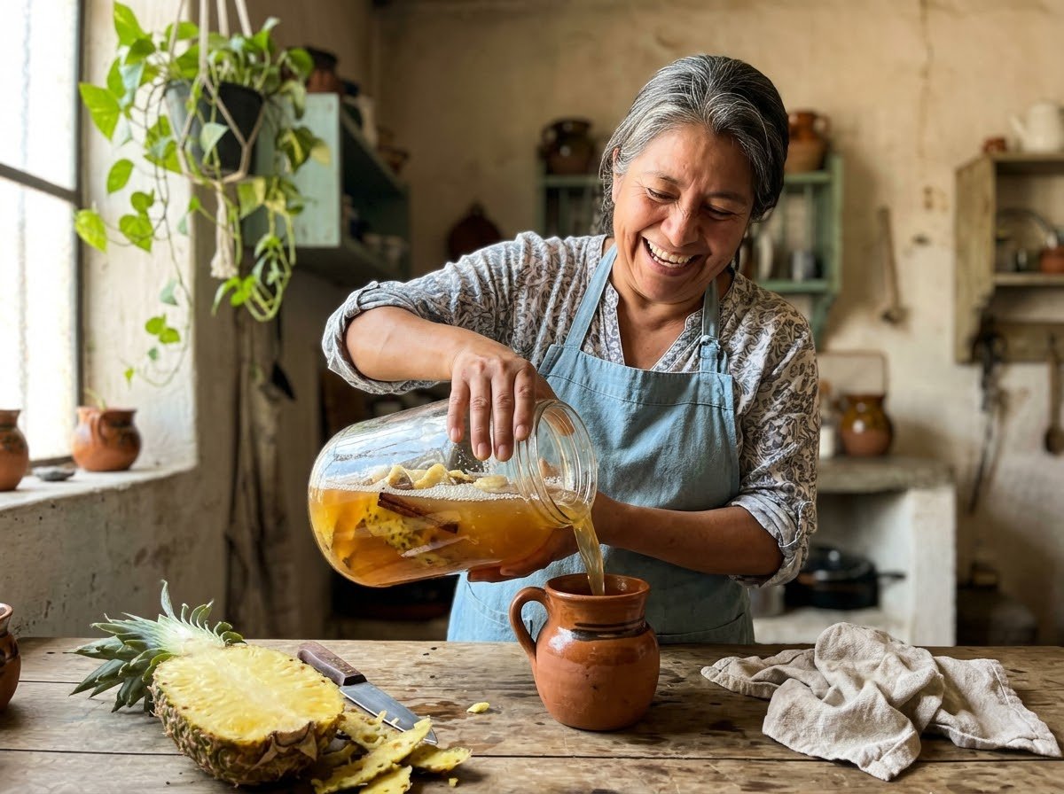 Mujer sirviendo tepache casero